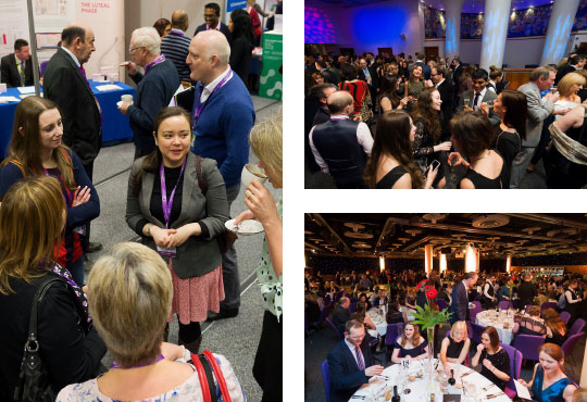 A selection of three images showing delegates networking, enjoying drinks and at a sit down dinner