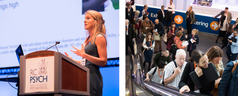 A pair of images. On the left, a speaker at a lectern with RC Psych branding. On the right, delegates arriving into the building