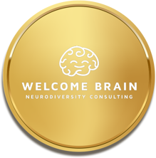 Gold disc with the Welcome Brain logo on it