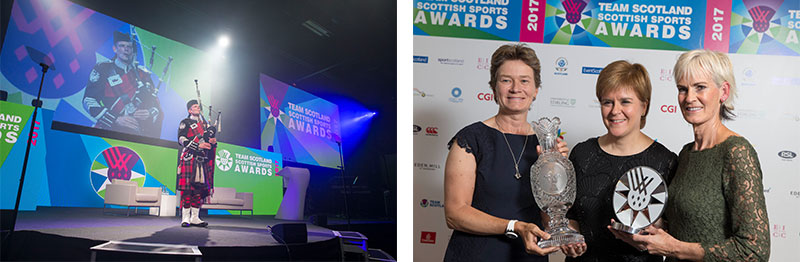 A pair of images. On the left, a piper on stage in full highland regalia with event branding in the backdrop. On the right, First Minister Nicola Sturgeon with Judy Murray and another woman